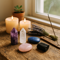 Crystals, candles, and lavender on a wooden table next to a window