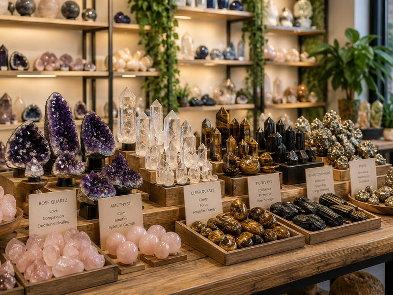 Crystal shop display featuring best-selling crystals including amethyst ...