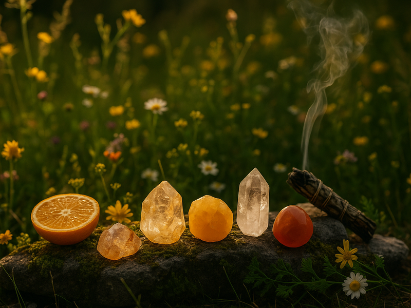 Summer solstice altar with natural crystals, wildflowers, and incense in a forest illuminated by golden light