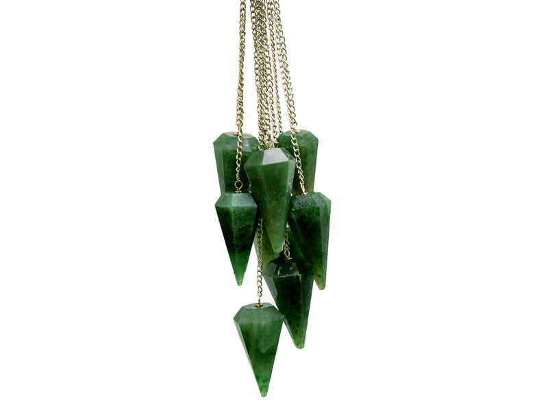 Some green aventurine quartz pendulums with silver chain hanging on white background