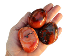 Three large carnelian tumbled stones on hand with white background