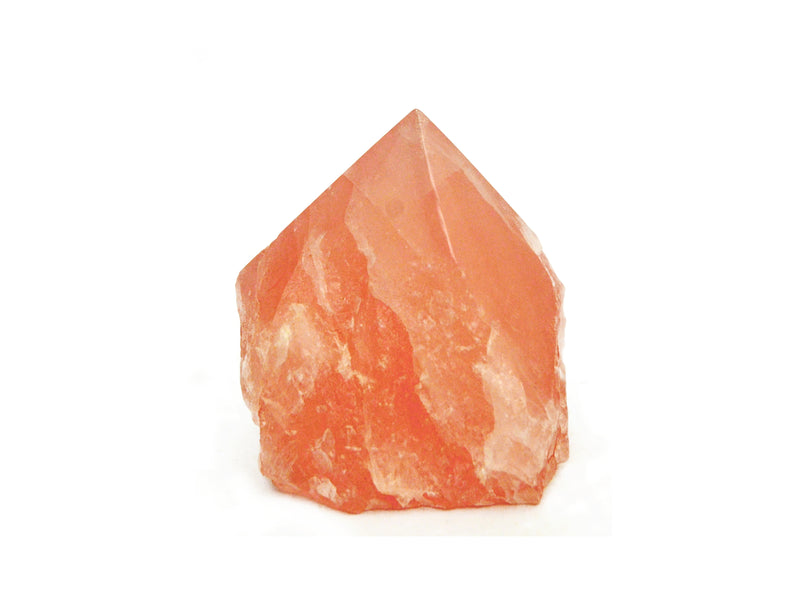 One pink quartz semi polished crystal point 80mm on white bacground