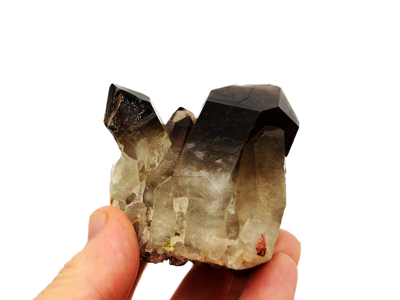 Smoky quartz cluster 60mm on hand with white background