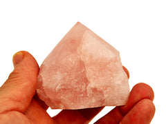 One rose quartz semi polished point 60mm on hand with background with some points on white