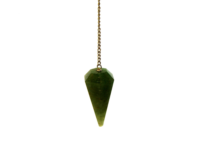 One green aventurine quartz pendulum with silver chain hanging on white background