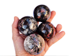 Four rhodonite crystal spheres 45mm-65mm on hand with white background