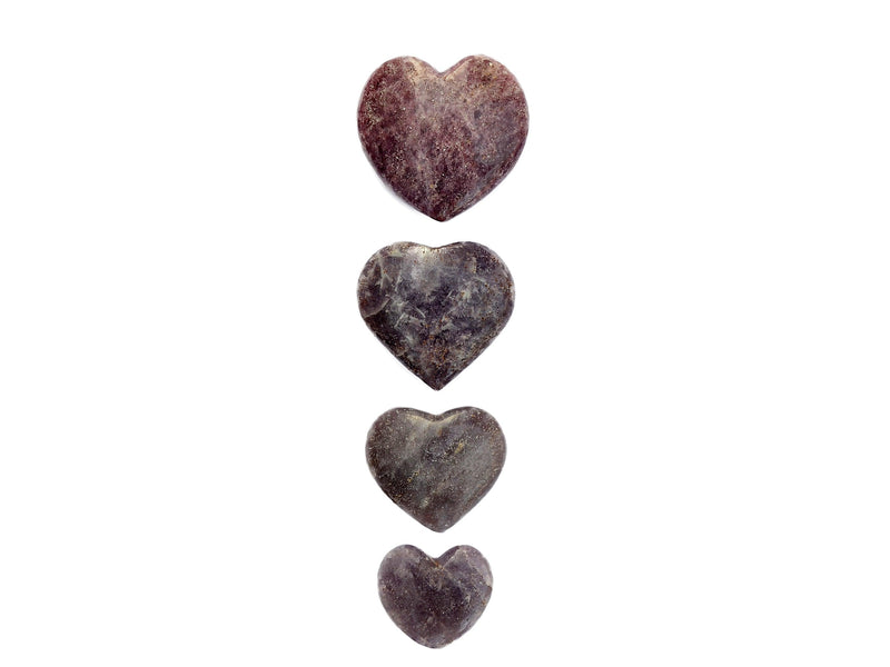 Four purple lepidolite heart shapped stones 45mm-70mm on white background