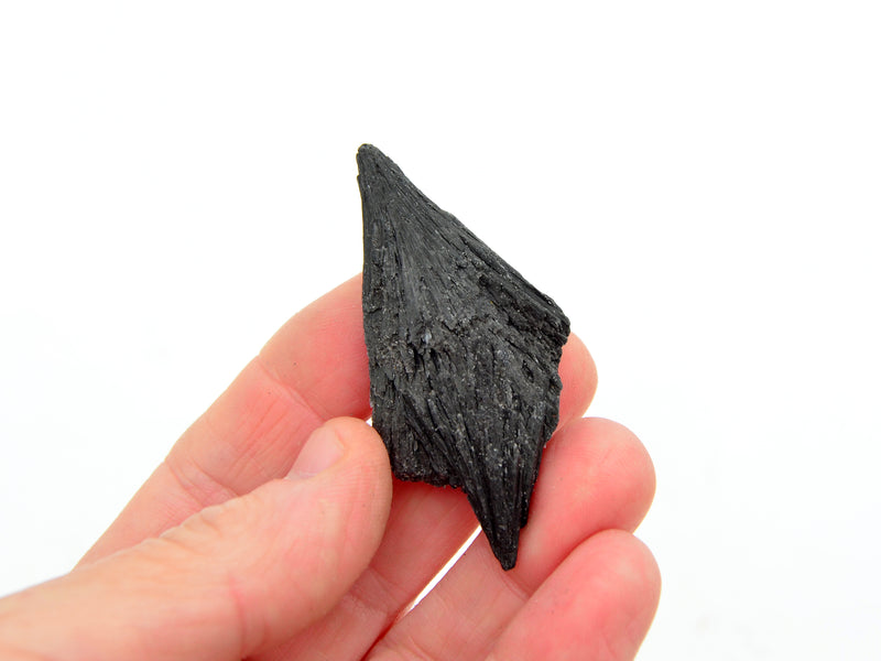 One raw black kyanite stone 40mm on hand with white backgroumd