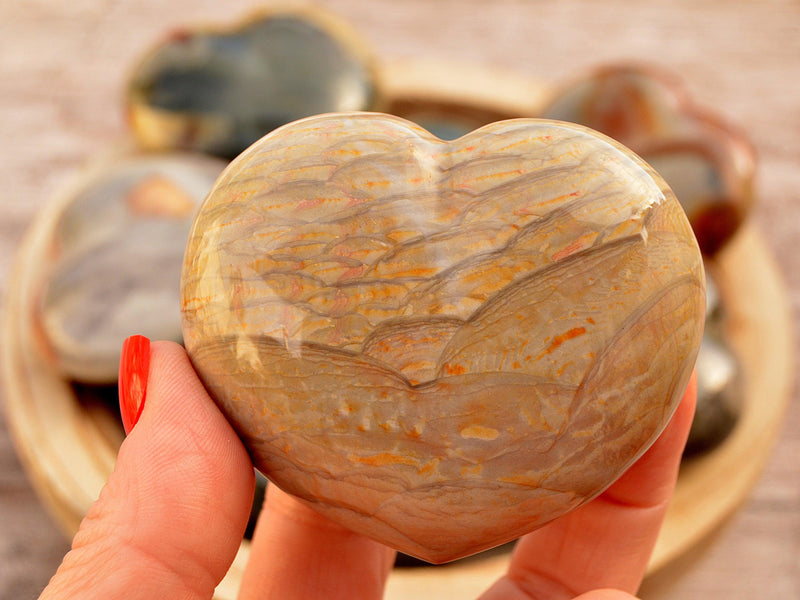 One big polychrome jasper carving heart crystal 70mm on hand with background with hearts inside a wood bowl