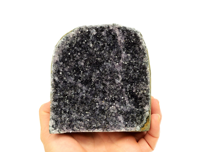 One lavender druzy amethyst cut base 100mm on hand with white background