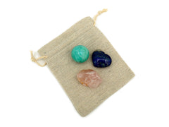 Raw rose quartz, amazonite sphere and lapis lazuli heart 30mm on small bag