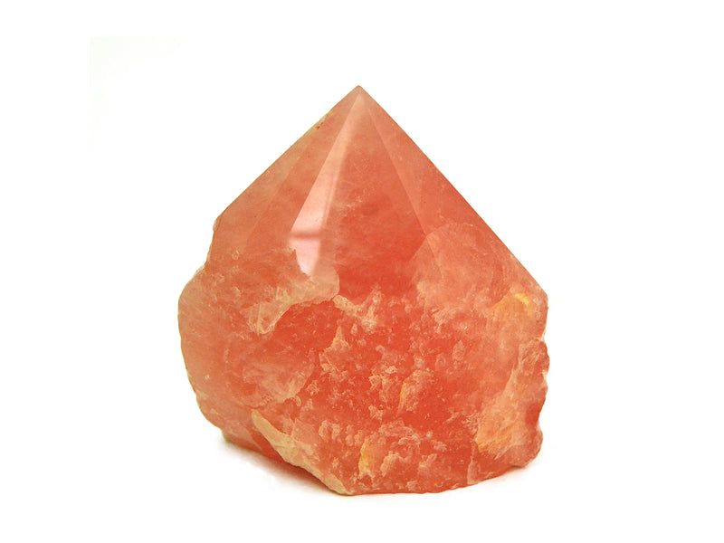 One rose quartz semi polished point 90mm on white background 