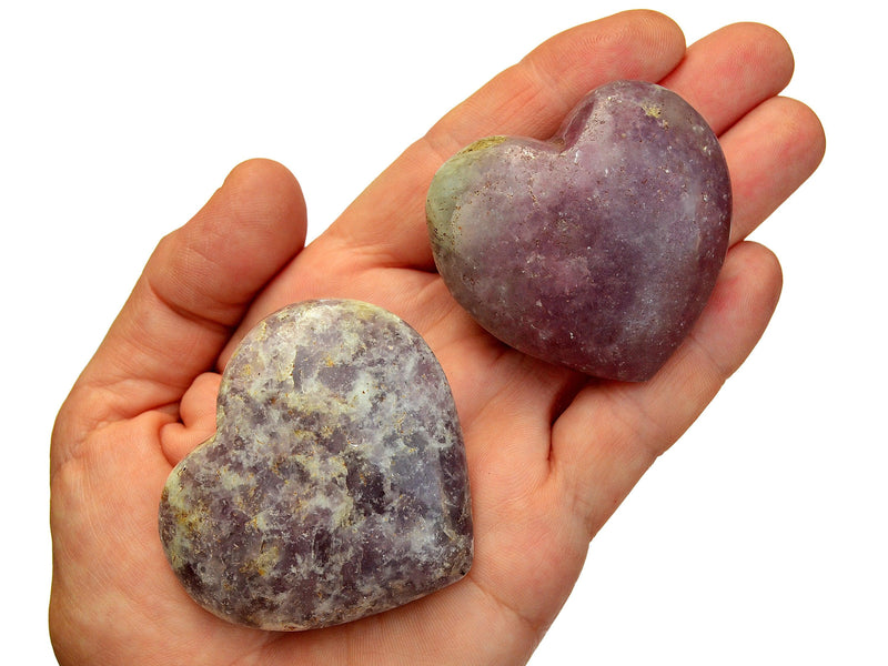 Two purple lepidolite heart minerals 50mm-60mm on hand with white background
