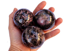 Four rhodonite sphere crystals 60mm on hand with white background