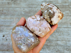 Three flower agate free forms on hand with wood background