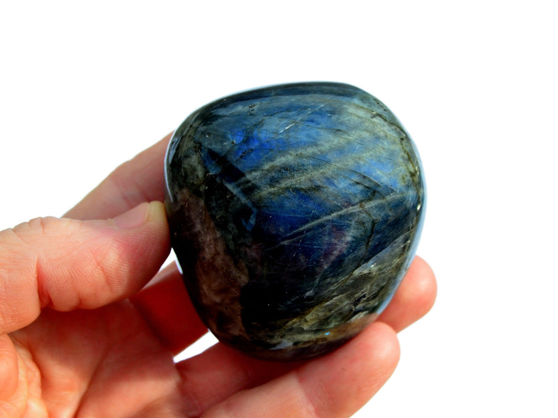 One large blue labradorite tumbled mineral on hand with white background