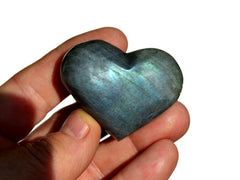 One blue labradorite heart crystal 50mm on hand with white background