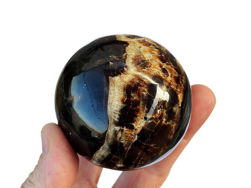 One chocolate calcite sphere crystal 60mm on hand with white background