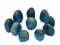 Several blue apatite free form gemstones 65mm-130mm on white background