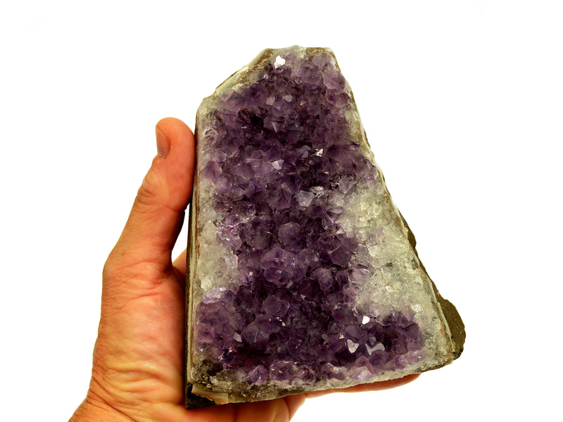 One purple druzy amethyst 117mm on hand with white background