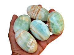 Five blue green caribbean calcite palm stones on hand with white background