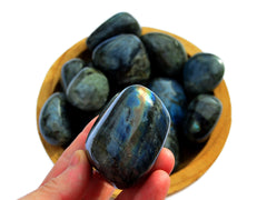 One flashy rainbow labradorite tumbled stone on hand with background with some crystals inside a wood bowl on white
