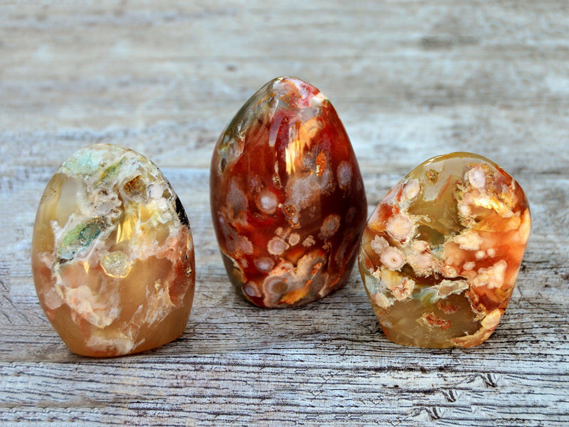 Three orange and red flower agate free form crystals on wood table