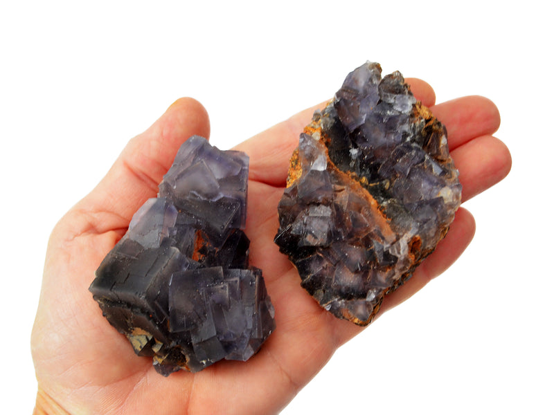 Two rough cubic purple fluorite crystals on hand with white background