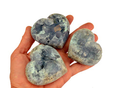 Three small celestite raw carved hearts on hand with white background