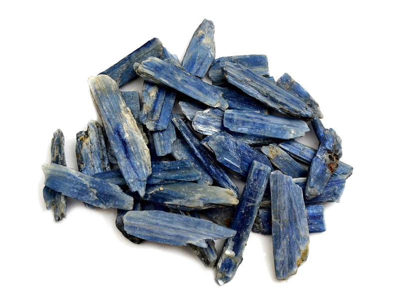 Some rough blue kyanite rod stones 30mm-70mm on white background