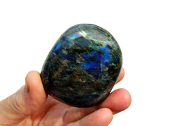 One big blue labradorite tumbled mineral on hand with white background