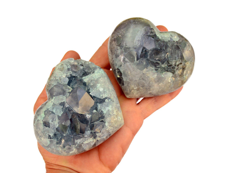 Two celestite carved druzy heart crystals on hand with white background