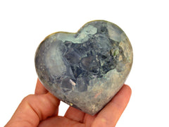 One blue celesite rough heart carved crystal on hand with white background