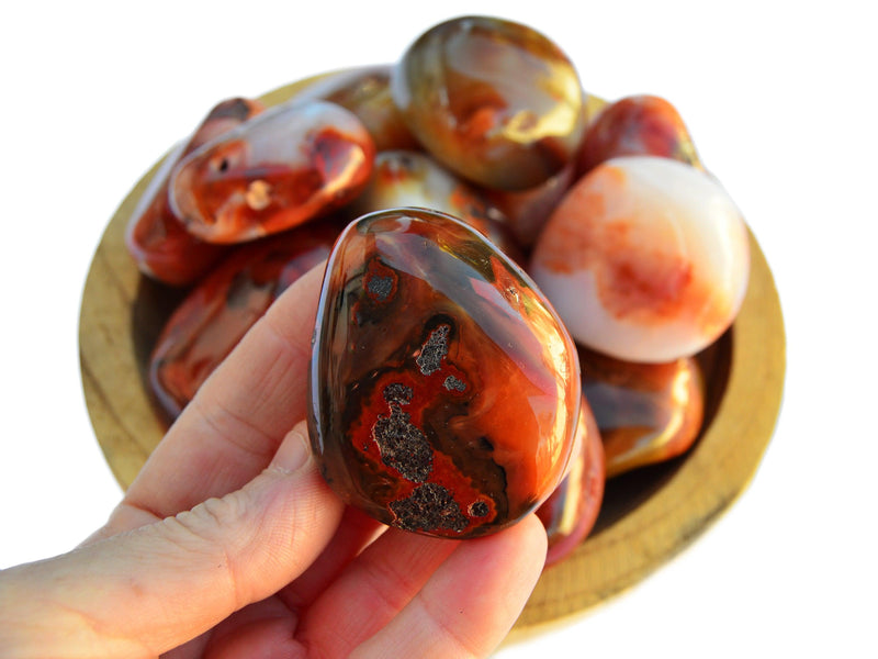Onre red carnelian tumbled crystal on hand with background with some stones inside a wood bowl on white