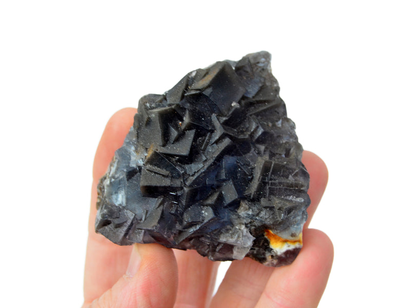 One dark purple fluorite raw crystal on hand with white background