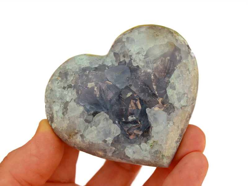 One celestite raw heart crystal on hand with white background