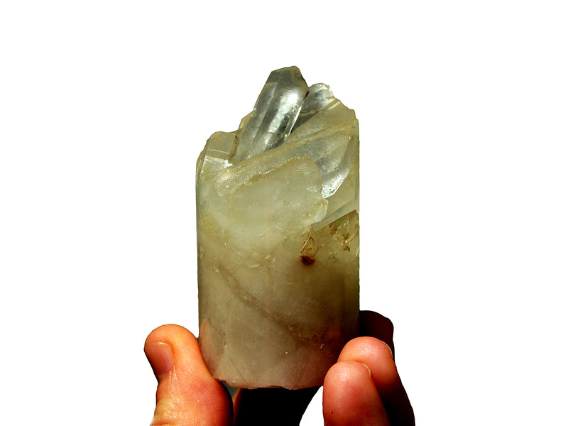 One crystal quartz cluster cylinder 70mm on hand with white background