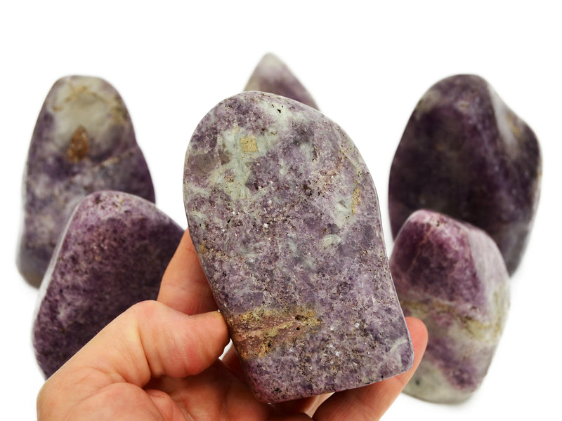 One purple lepidolite free form 90mm on hand with background with some crystals on white