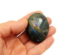 Natural labradorite palm stone 50mm on hand with white background