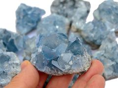 One small raw celestite cluster on hand with background with some stones on white