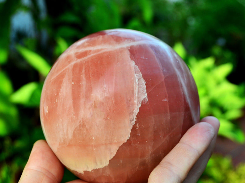 Large rose calcite sphere stone 95mm on hand with background with green plants