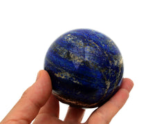 One lapis lazuli crystal sphere 60mm on hand with white background