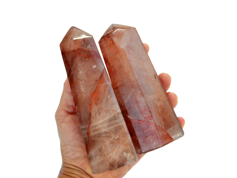 Two extra large hematoid quartz crystal towers