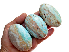 Three blue green aragonite palm stones 70mm on hand with white background