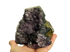 One chunky purple druzy amethyst cut base 98mm on hand with white background