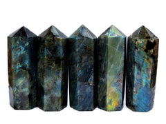 Five labradorite crystal towers 110mm on white background