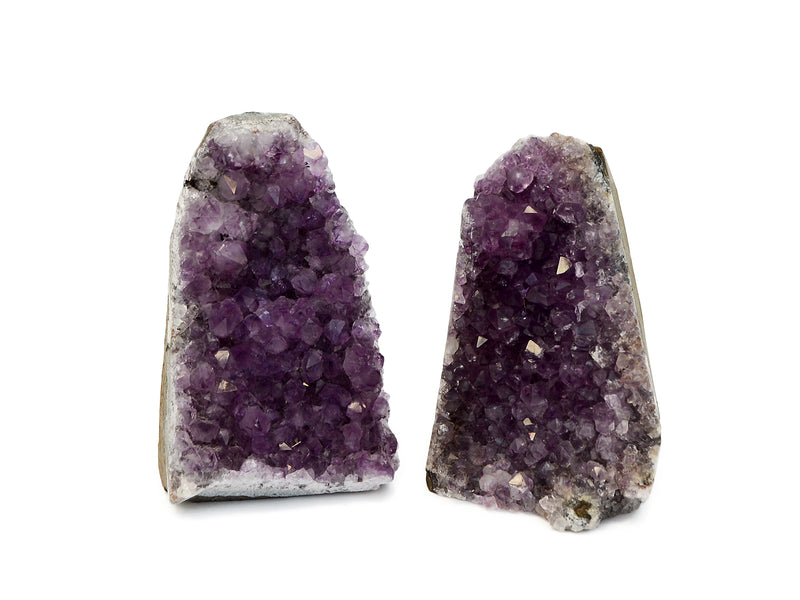 Two druzy amethyst cut basestones 100mm-110mm on white background
