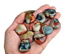 Ten polychrome jasper crystal hearts small 30mm on hand with white background 