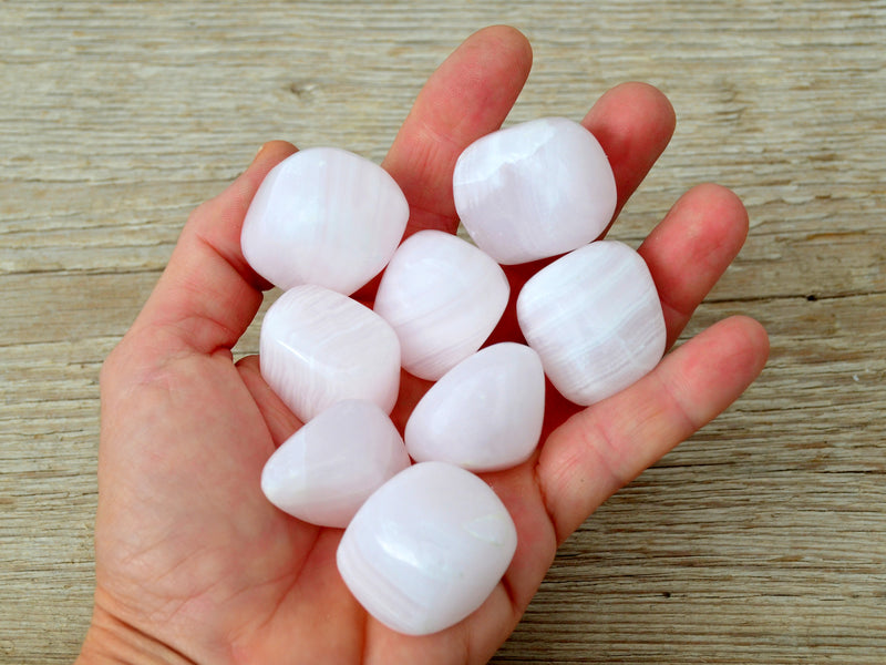 Eight mangano calcite mini tumbled crystals on hand with wood background