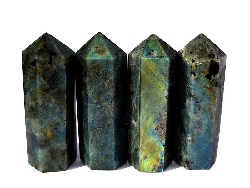 Four labradorite crystal towers 110mm on white background